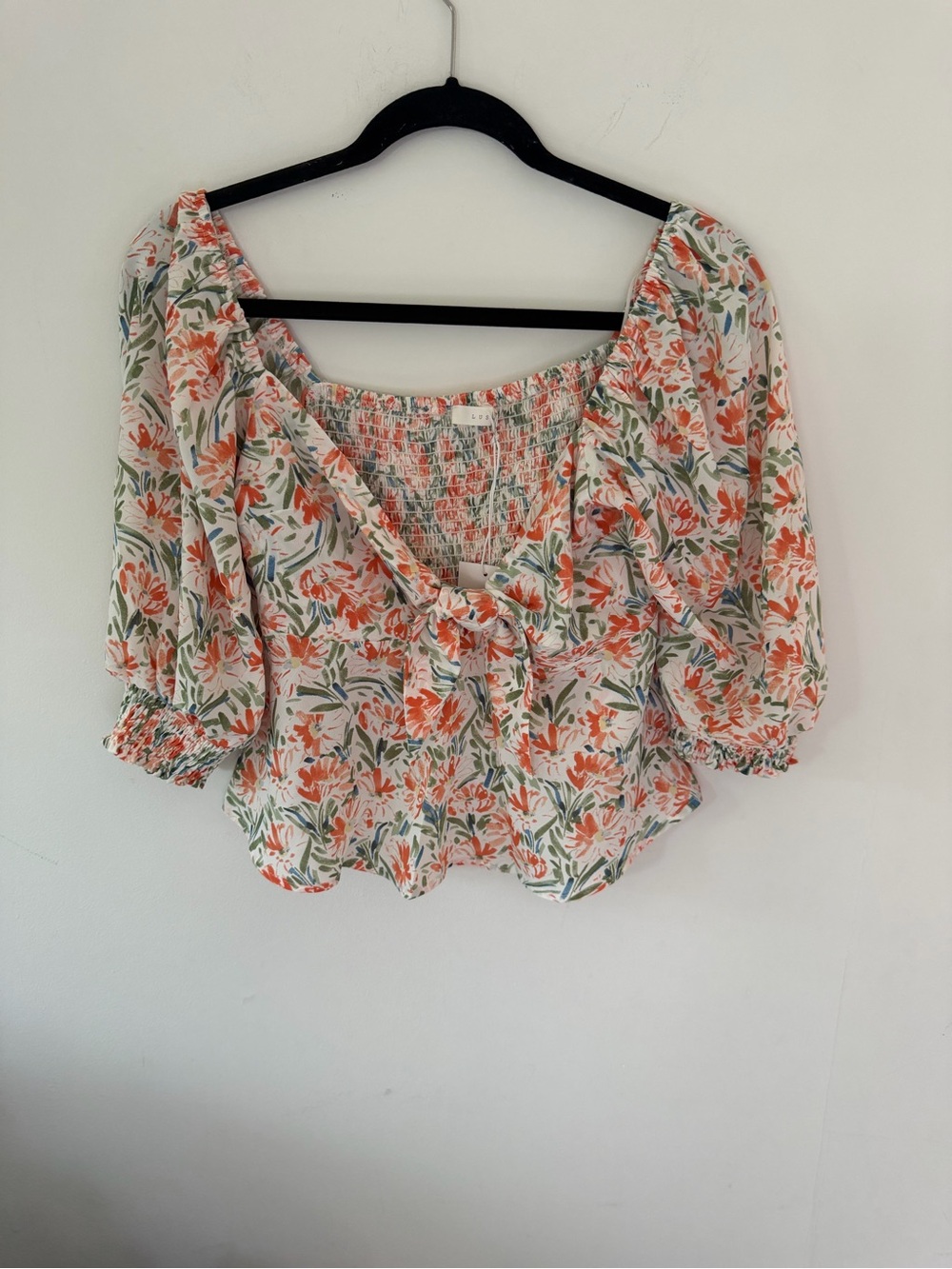 Lush Coral & Green Floral Tie-Front Peasant Blouse
